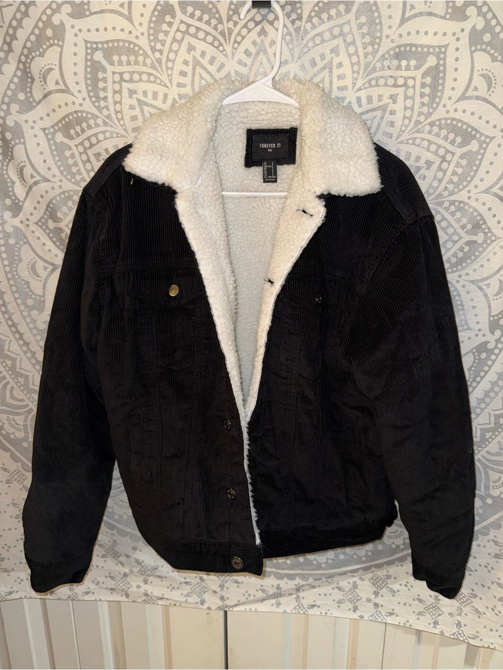 Forever 21 Men’s Black Corduroy Bomber Jacket with Cream Sherpa Lining